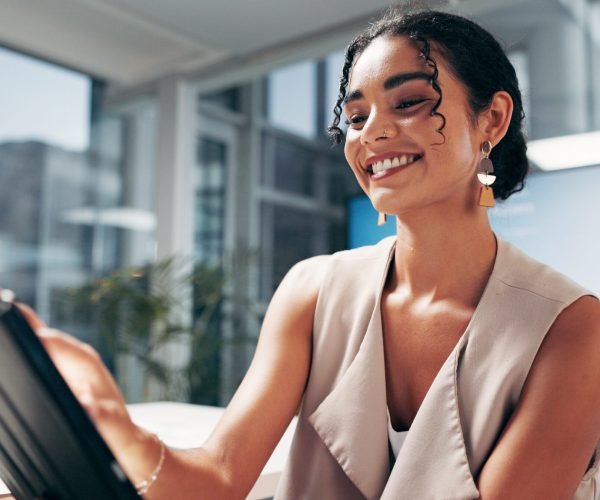 Scroll, business woman and tablet in office for communication, social media and content writing. Technology, smile and employee in creative startup for online review, article and working on project.